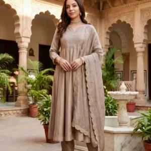 Cream Embroidered Silk Blend Anarkali Kurta With Dupatta Set