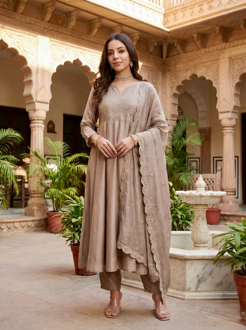 Cream Embroidered Silk Blend Anarkali Kurta With Dupatta Set