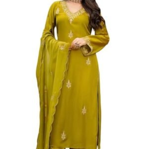 Klosia Women Embroidery Solid Straight Kurta and Pant Set with Dupatta