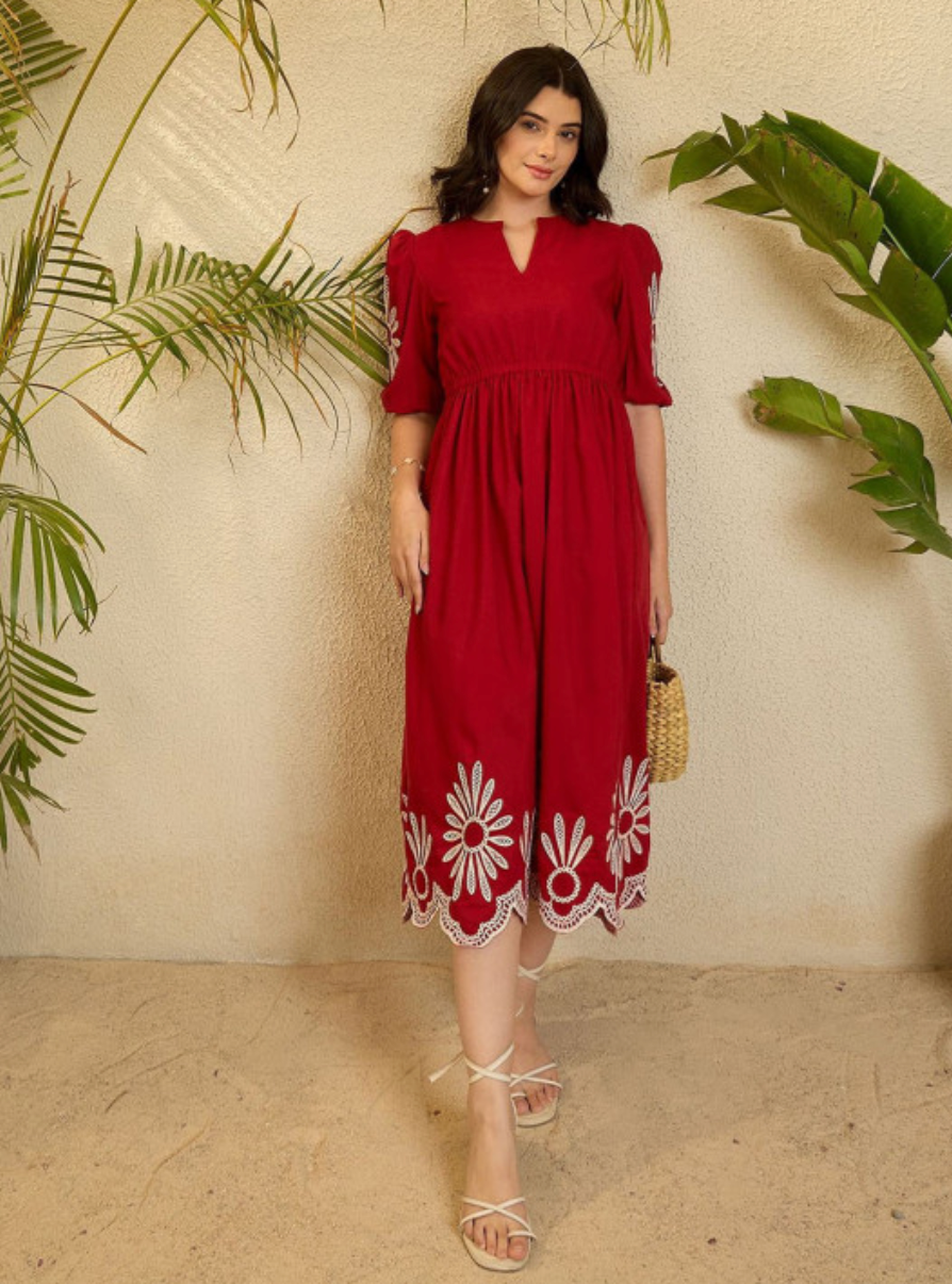 Red Embroidery Puff Slevee Midi Dress
